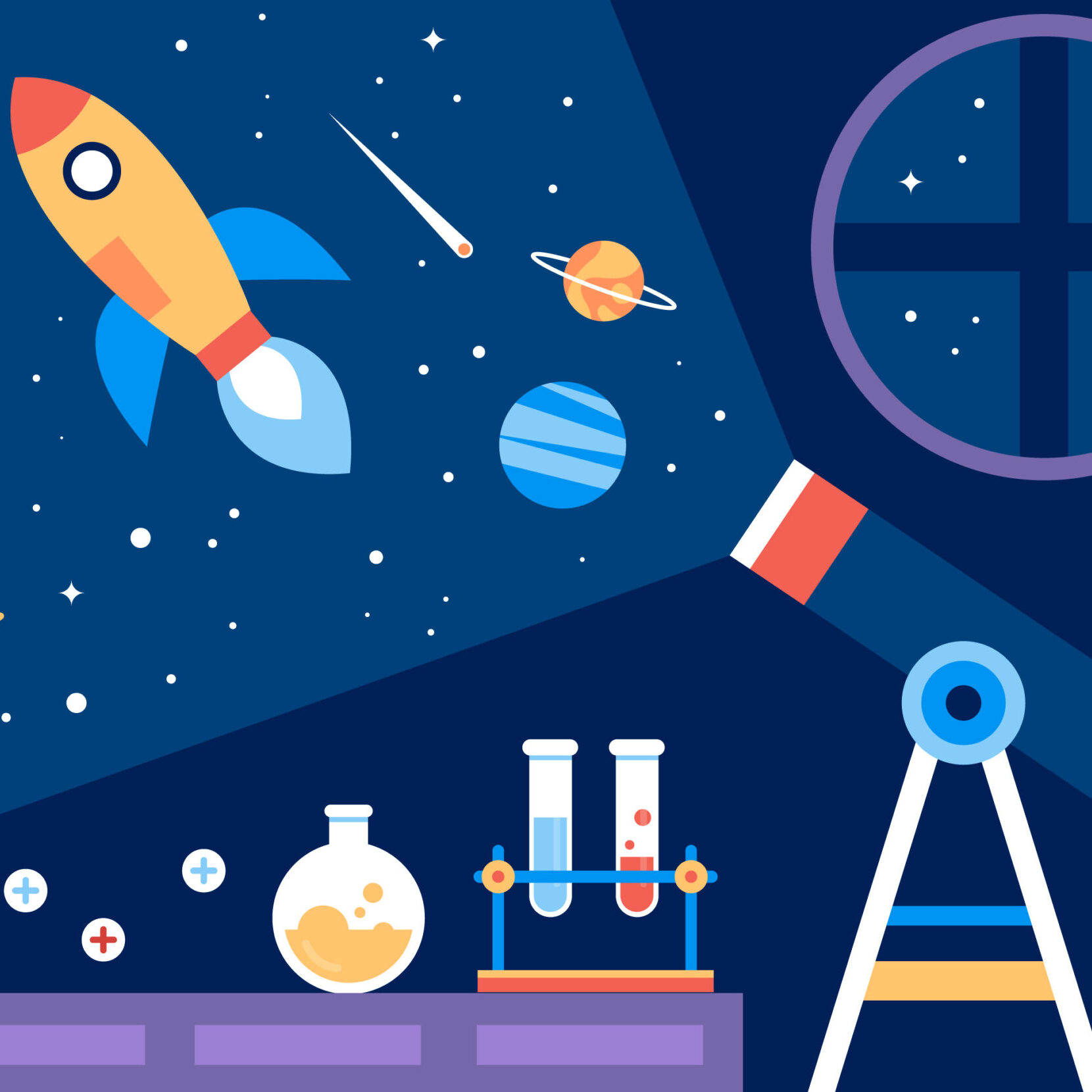 disegno stilizzato di un telescopio puntato verso il cielo, accanto un tavolo con strumentazione da laboratorio